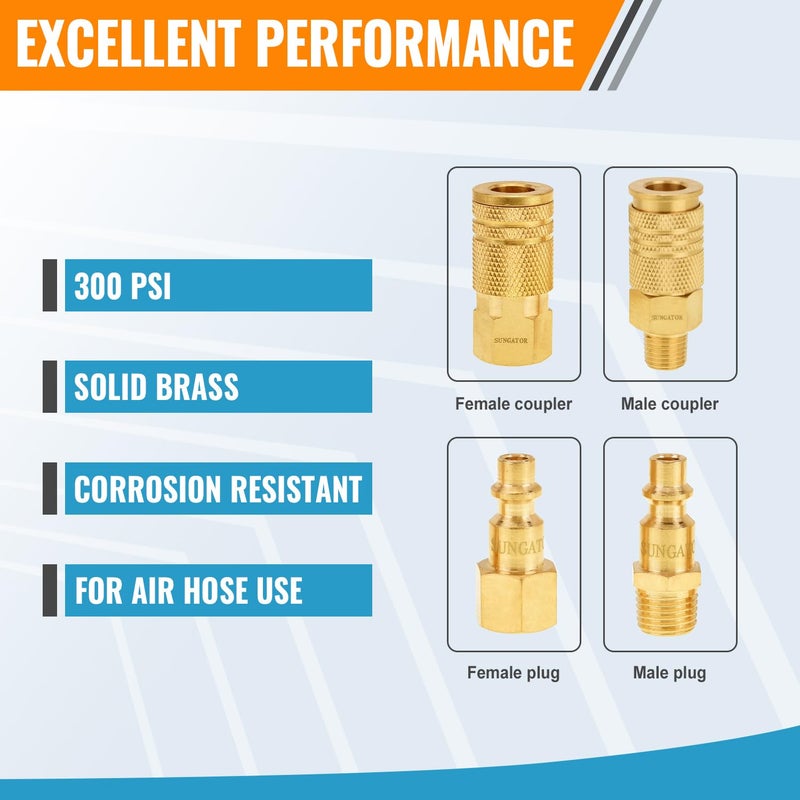 SUNGATOR Air Hose Fittings 1/4" NPT, 16-Piece Solid Brass Quick Connect Air Line Fittings, 1/4 Inch Compressor Accessories, Coupler and Plug Kit, 1/4'' Quick Connect Hose Repair Kit - Image 5